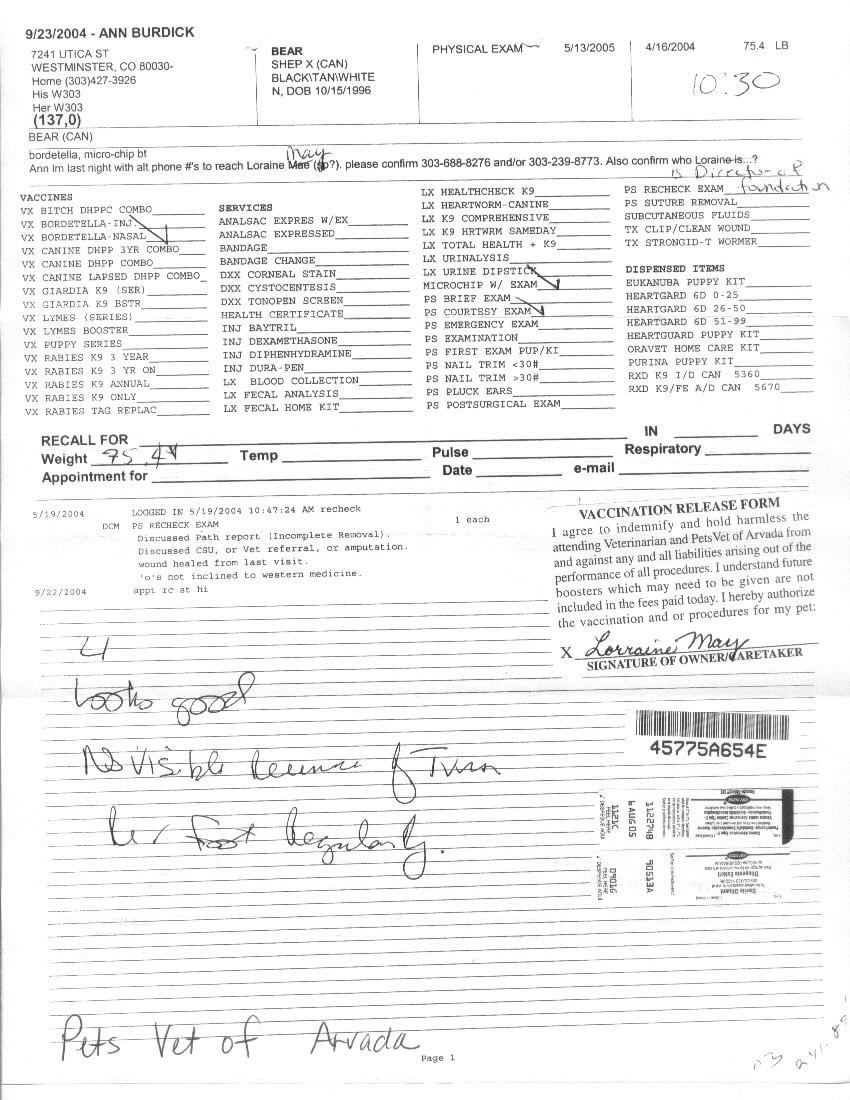 Baby Bear final vet report
